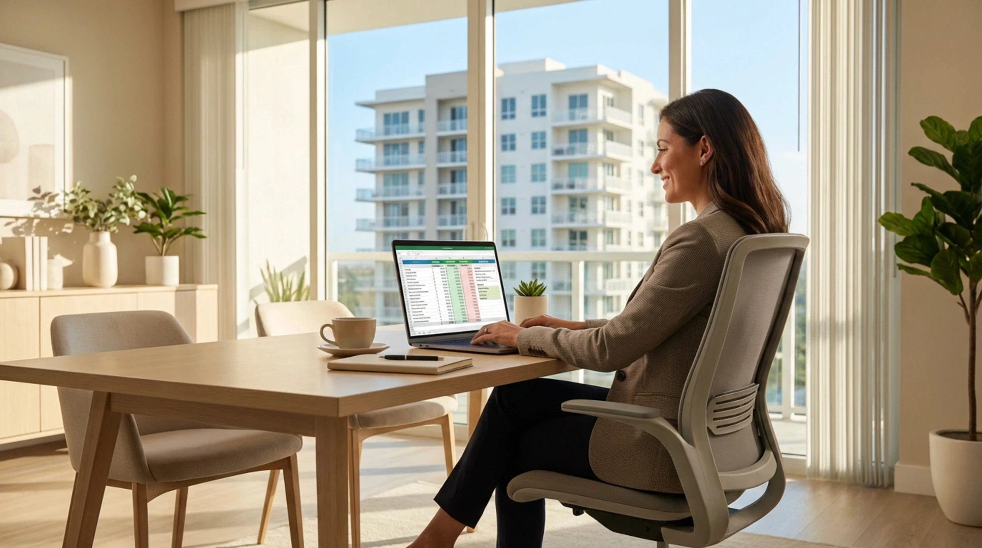 Property manager comparing bulk Wi-Fi Miami provider proposals with cost spreadsheet on laptop