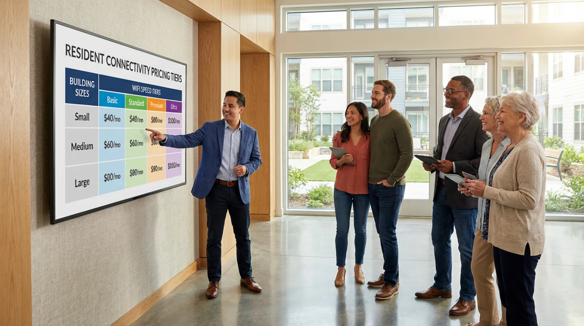 Cost breakdown chart showing bulk apartment Wi-Fi pricing tiers by building size and speed