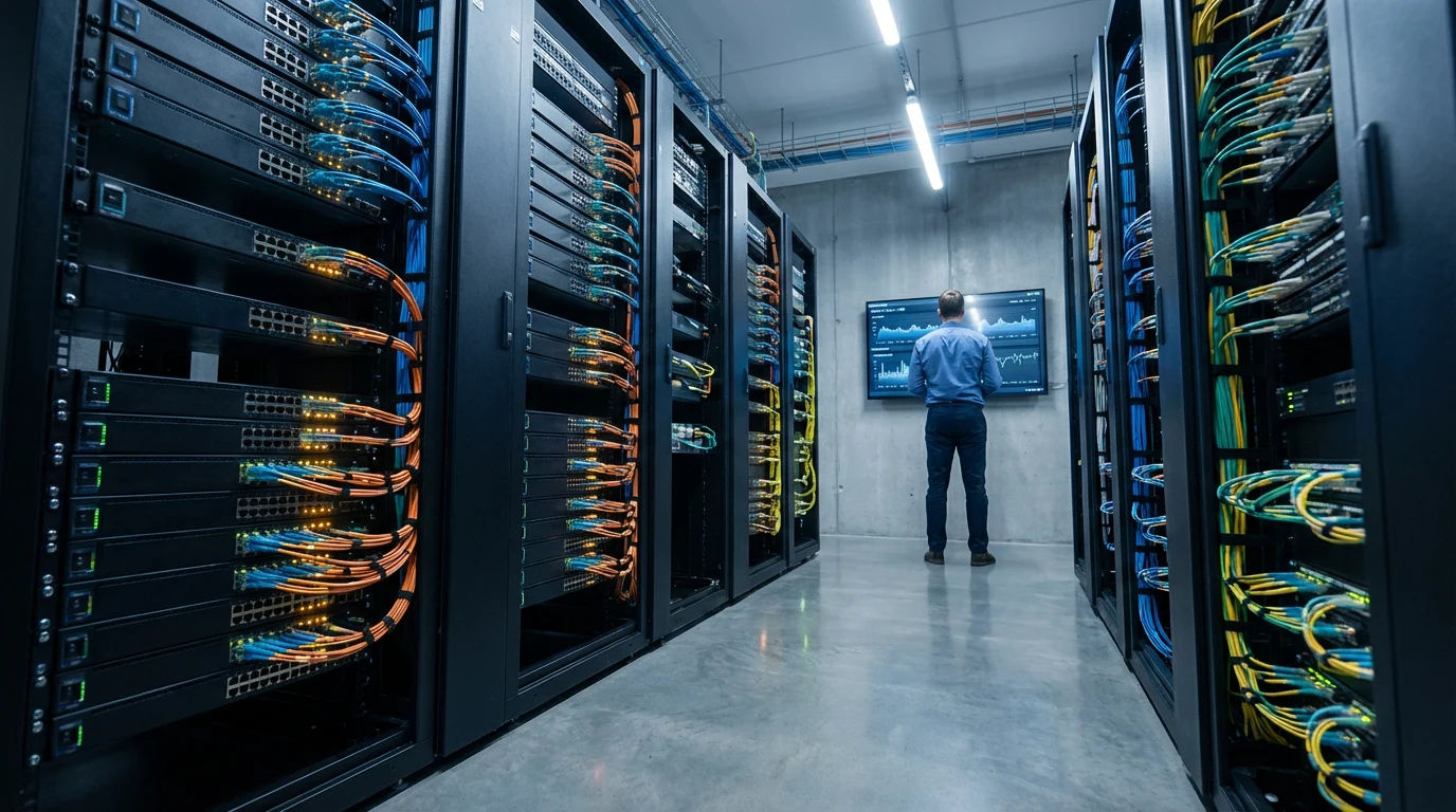 Main distribution frame room showing fiber optic cables, network switches, and cable management in a high-rise building