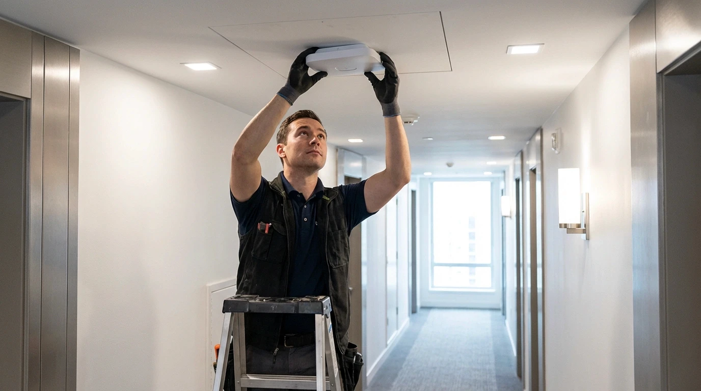 Network technician installing a wireless access point in a high-rise hallway ceiling